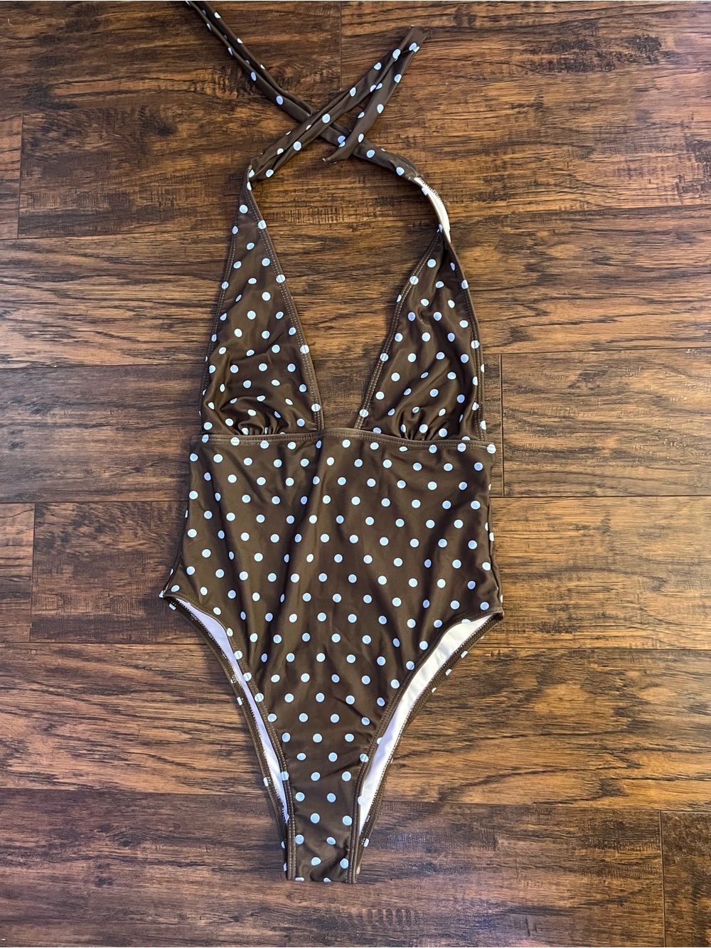 SHEIN Brown Polka Dot Halter One-Piece Swimsuit